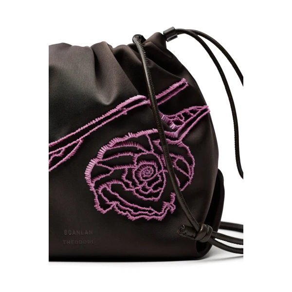 Scanlan Theodore Beaded Poppy Drawstring Bag in Chocolate Fuchsia | Bucket Bags | Luxury Shoes 