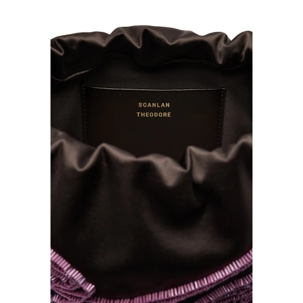 Scanlan Theodore Beaded Poppy Drawstring Bag in Chocolate Fuchsia | Bucket Bags | Luxury Shoes 