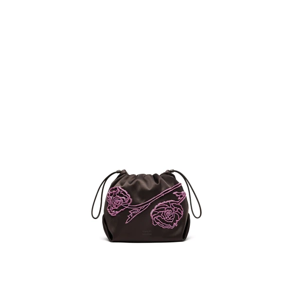 Scanlan Theodore Beaded Poppy Drawstring Bag in Chocolate Fuchsia | Bucket Bags | Luxury Shoes 