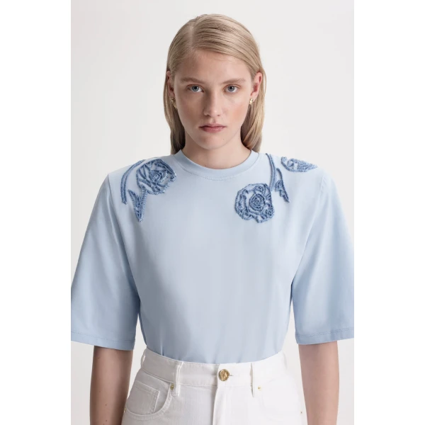 Scanlan Theodore Beaded Poppy Mercerised Tee in Blue | Tops | Luxury Shoes 