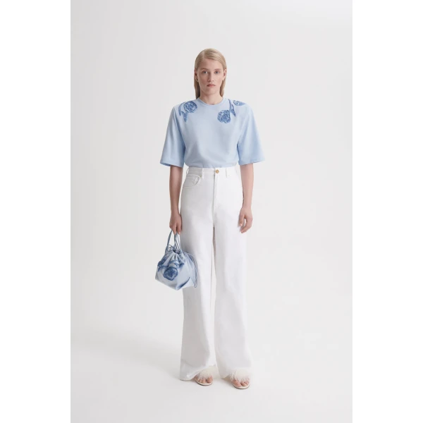 Scanlan Theodore Beaded Poppy Mercerised Tee in Blue | Tops | Luxury Shoes 