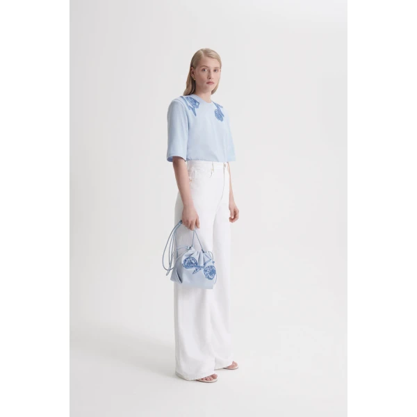 Scanlan Theodore Beaded Poppy Mercerised Tee in Blue | Tops | Luxury Shoes 