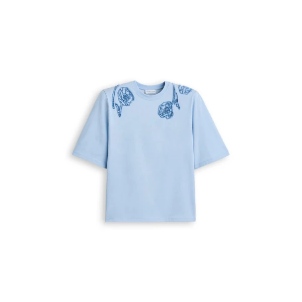 Scanlan Theodore Beaded Poppy Mercerised Tee in Blue | Tops | Luxury Shoes 