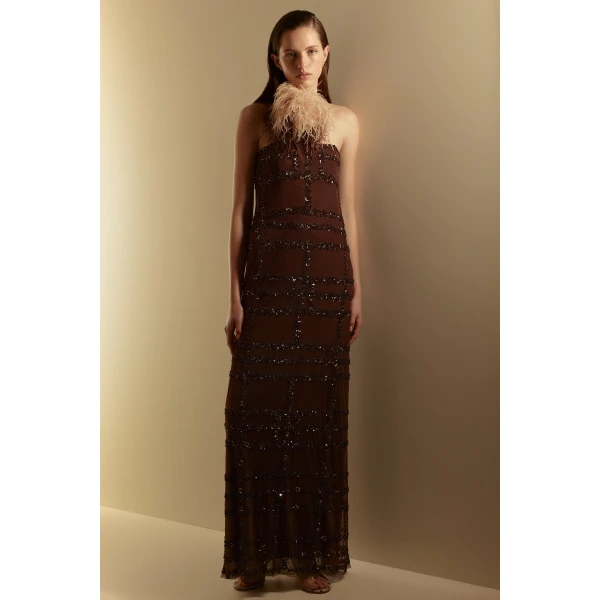 Scanlan Theodore Beaded Tulle Gown in Chocolate