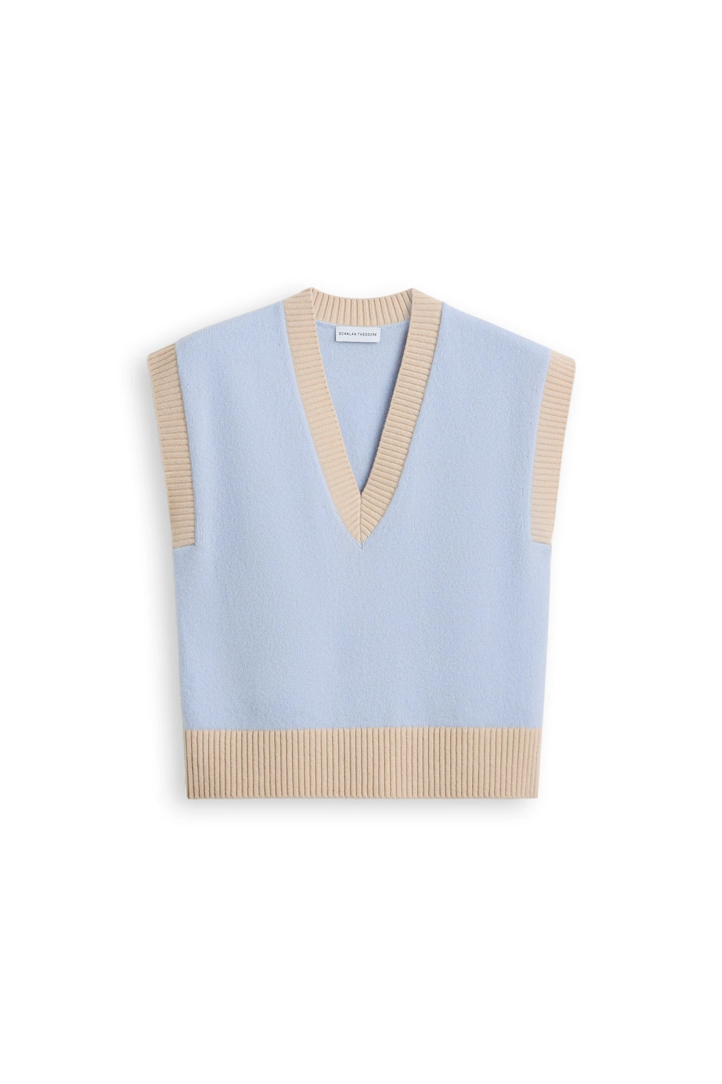 Scanlan Theodore Cashmere Wool V-Neck Tank in Pale Blue Oat at Luxury Shoes Scanlan Theodore Cashmere Wool V-Neck Tank in Pale Blue Oat