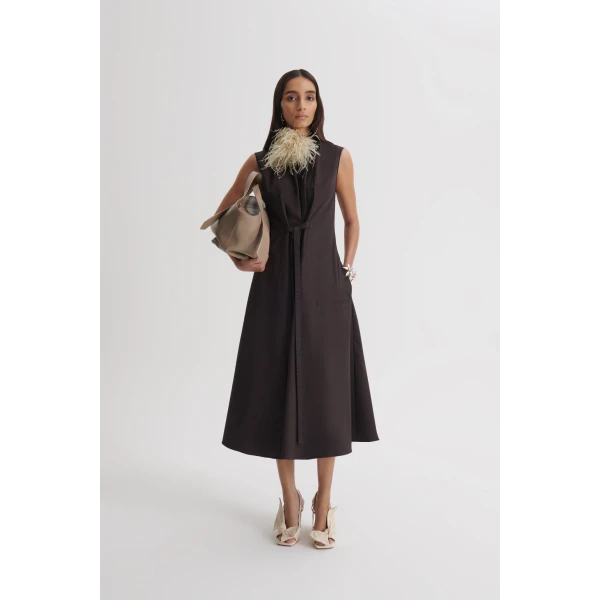 Scanlan Theodore Cotton Sateen Pleat Dress in Bitter Chocolate | Midi Dresses | Luxury Shoes 