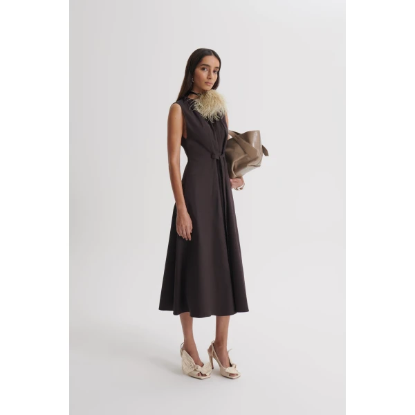 Scanlan Theodore Cotton Sateen Pleat Dress in Bitter Chocolate | Midi Dresses | Luxury Shoes 