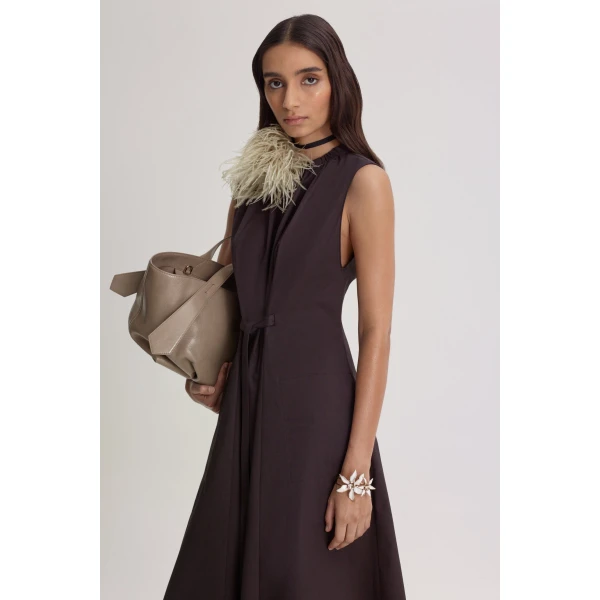Scanlan Theodore Cotton Sateen Pleat Dress in Bitter Chocolate | Midi Dresses | Luxury Shoes 
