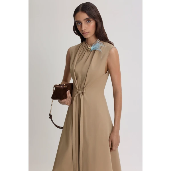 Scanlan Theodore Cotton Sateen Pleat Dress in Trench | Midi Dresses | Luxury Shoes 
