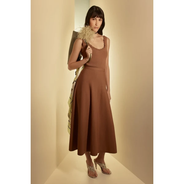 Scanlan Theodore Crepe Knit Crochet Soft Dress in Spice | Maxi Dresses | Luxury Shoes 