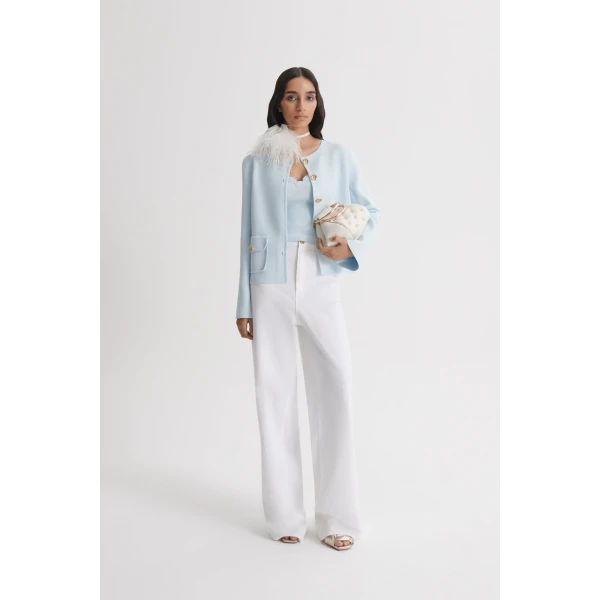 Scanlan Theodore Crepe Knit Patch Pocket Jacket in Sky Blue
