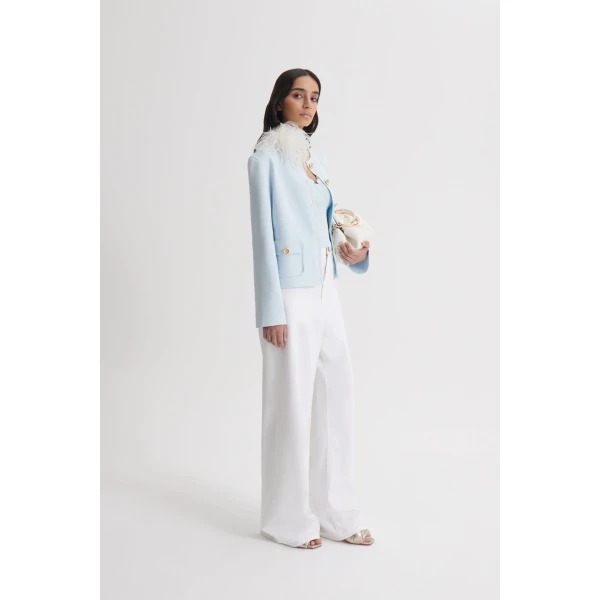 Scanlan Theodore Crepe Knit Patch Pocket Jacket in Sky Blue