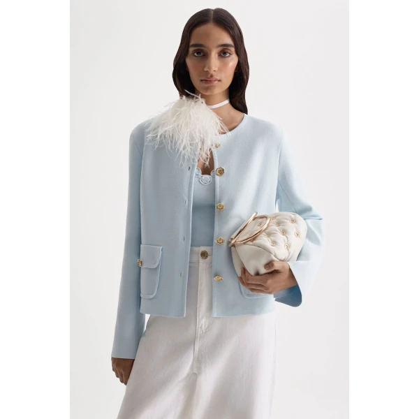 Scanlan Theodore Crepe Knit Patch Pocket Jacket in Sky Blue