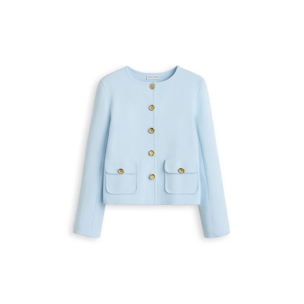 Crepe Knit Patch Pocket Jacket in Sky Blue