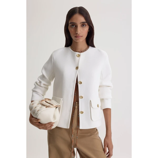 Scanlan Theodore Crepe Knit Patch Pocket Jacket in White | Jackets | Luxury Shoes 