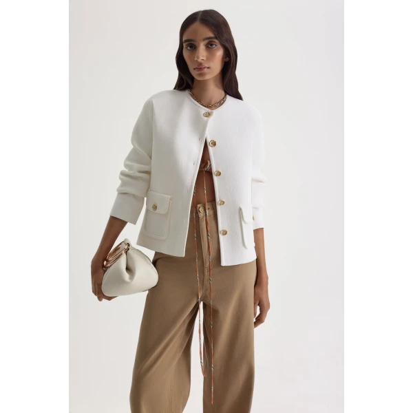 Scanlan Theodore Crepe Knit Patch Pocket Jacket in White | Jackets | Luxury Shoes 