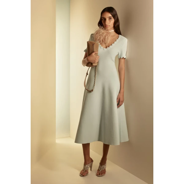 Scanlan Theodore Crepe Knit Poppy Crochet Dress in Sky Blue
