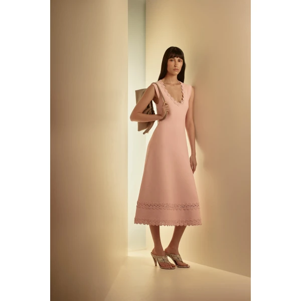 Scanlan Theodore Crepe Knit Poppy Crochet Hem Dress in Dusk | Midi Dresses | Luxury Shoes 