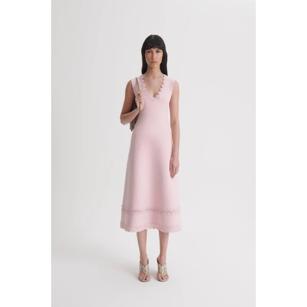Scanlan Theodore Crepe Knit Poppy Crochet Hem Dress in Dusk | Midi Dresses | Luxury Shoes 