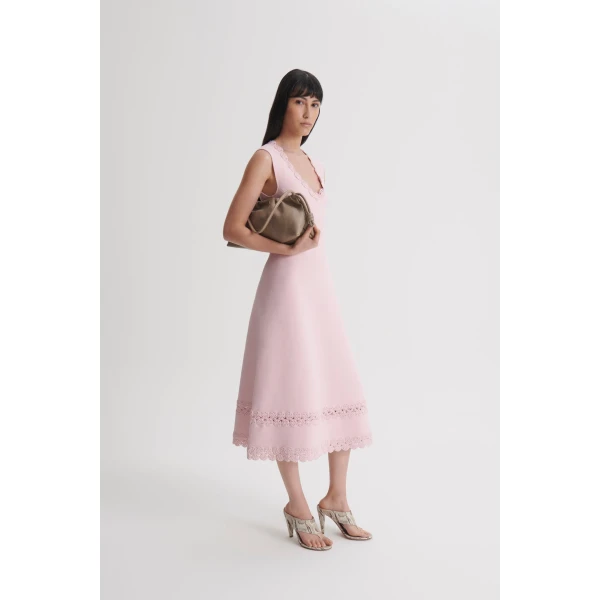 Scanlan Theodore Crepe Knit Poppy Crochet Hem Dress in Dusk | Midi Dresses | Luxury Shoes 