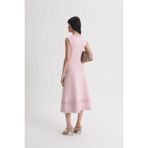 Scanlan Theodore Crepe Knit Poppy Crochet Hem Dress in Dusk | Midi Dresses | Luxury Shoes 