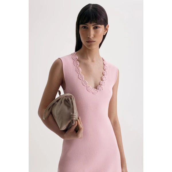 Scanlan Theodore Crepe Knit Poppy Crochet Hem Dress in Dusk | Midi Dresses | Luxury Shoes 
