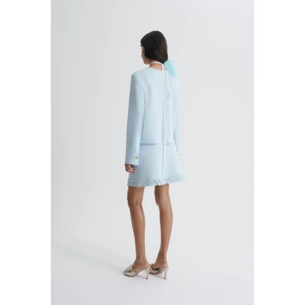 Scanlan Theodore Crepe Knit Poppy Crochet Skirt in Sky Blue