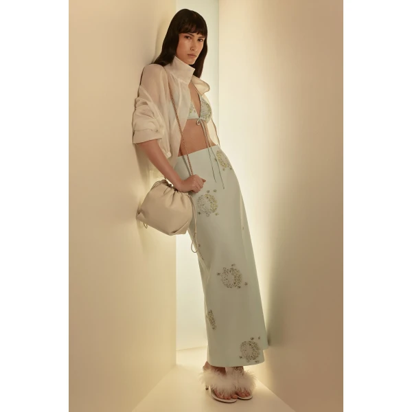 Scanlan Theodore Dandelion Jacquard Pencil Skirt in Sky Blue