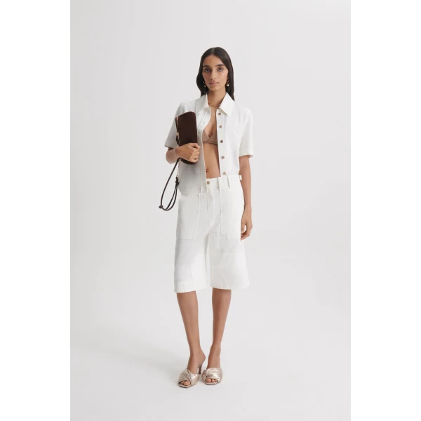 Scanlan Theodore Denim Short Sleeve Shirt in White | Tops | Luxury Shoes 