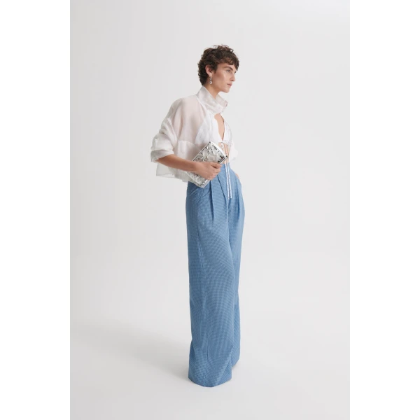 Scanlan Theodore Gingham Pleat Trouser in Blue | Pants | Luxury Shoes 