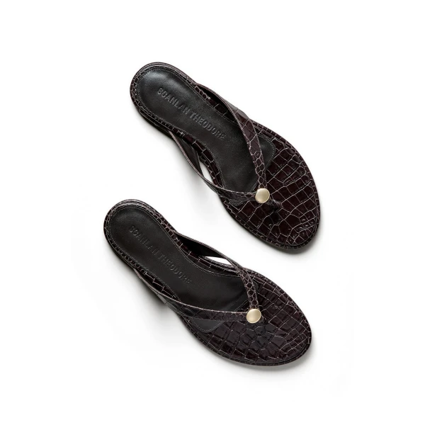 Scanlan Theodore Ilios Croc Flat Sandal in Dark Chocolate | Sandals | Luxury Shoes 