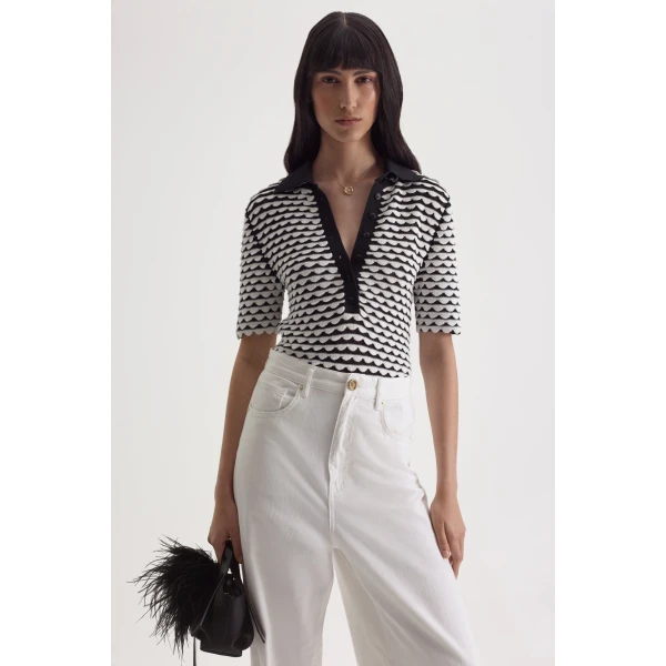 Scanlan Theodore Knit Shell Stitch Shirt in Black White | Tops | Luxury Shoes 