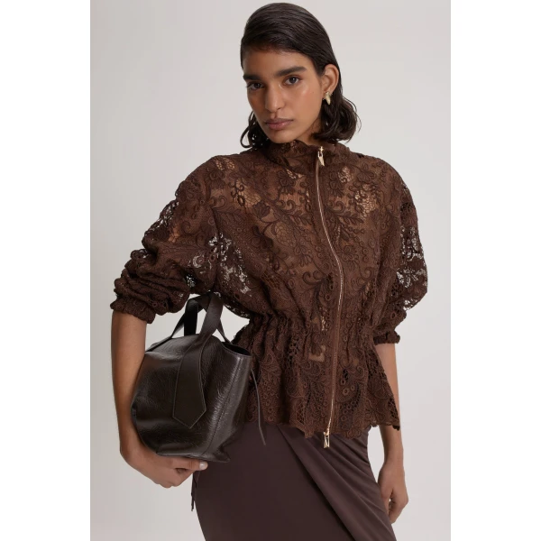 Scanlan Theodore Lace Funnel Neck Jacket in Dark Chocolate | Jackets | Luxury Shoes 