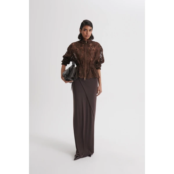 Scanlan Theodore Lace Funnel Neck Jacket in Dark Chocolate | Jackets | Luxury Shoes 