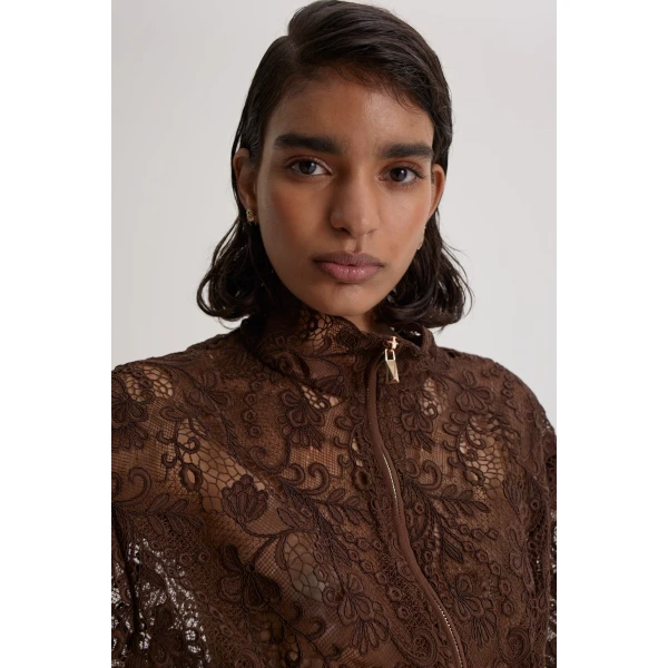 Scanlan Theodore Lace Funnel Neck Jacket in Dark Chocolate | Jackets | Luxury Shoes 