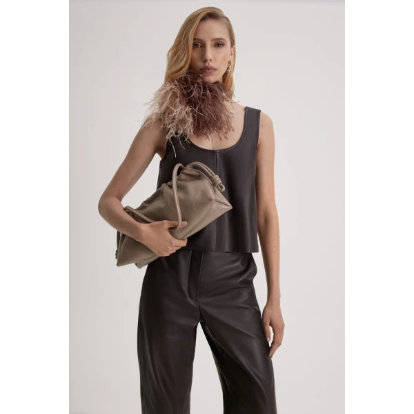 Scanlan Theodore Leather Barrel Leg Trouser in Dark Chocolate