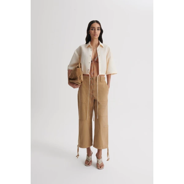 Scanlan Theodore Linen Cotton Cropped Cargo in Sandstone | Pants | Luxury Shoes 