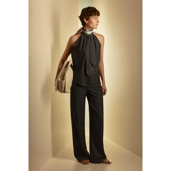 Scanlan Theodore Linen Cotton Drape Leg Jean in Indigo