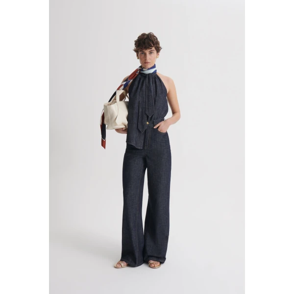 Scanlan Theodore Linen Cotton Drape Leg Jean in Indigo