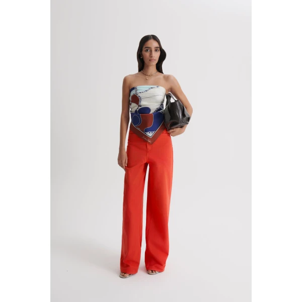 Scanlan Theodore Linen Cotton Drape Leg Jean in Red | Denim | Luxury Shoes 