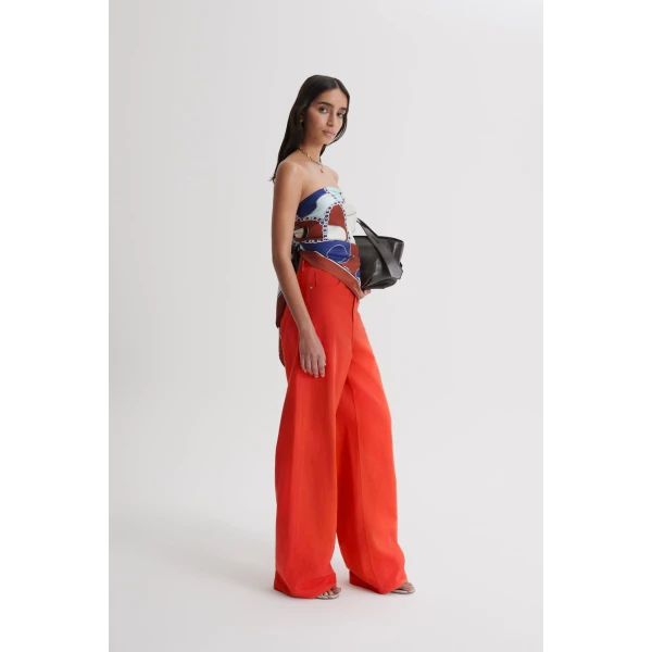 Scanlan Theodore Linen Cotton Drape Leg Jean in Red | Denim | Luxury Shoes 