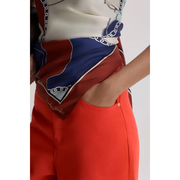 Scanlan Theodore Linen Cotton Drape Leg Jean in Red | Denim | Luxury Shoes 