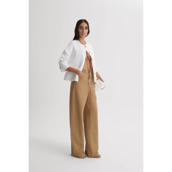 Scanlan Theodore Linen Cotton Drape Leg Jean in Sandstone | Denim | Luxury Shoes 