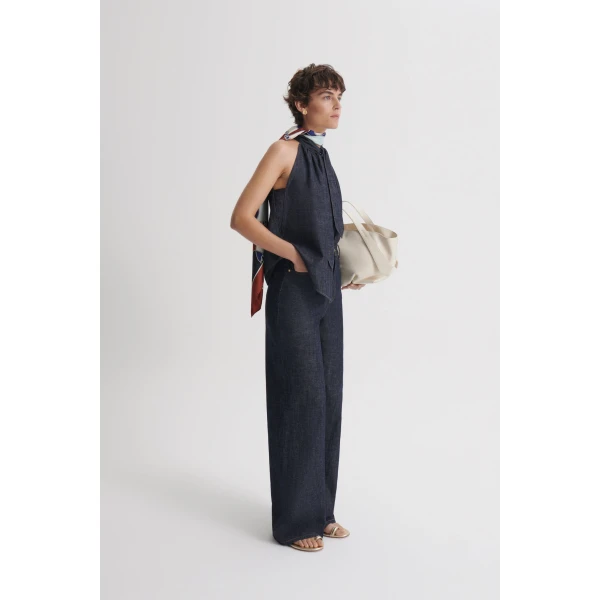 Scanlan Theodore Linen Cotton Tie Neck Top in Indigo