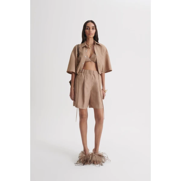 Scanlan Theodore Linen Textured Short Sleeve Shirt in Camel