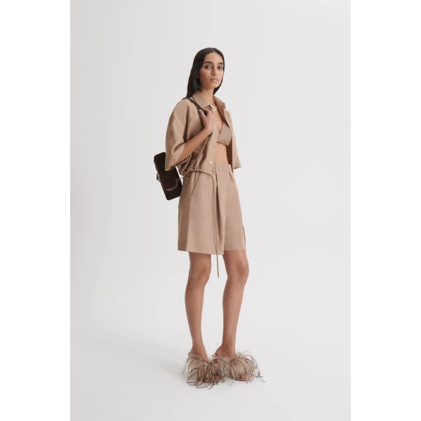 Scanlan Theodore Linen Textured Short Sleeve Shirt in Camel
