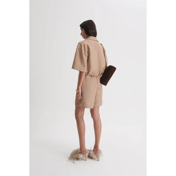Scanlan Theodore Linen Textured Short Sleeve Shirt in Camel