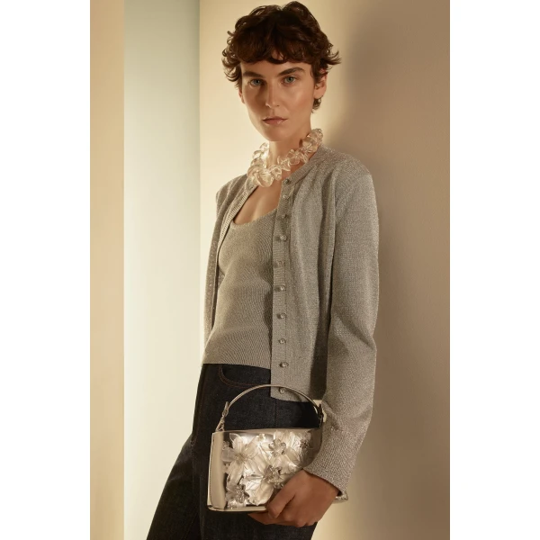 Scanlan Theodore Metallic Knit Cardigan in Silver | Cardigan | Luxury Shoes 