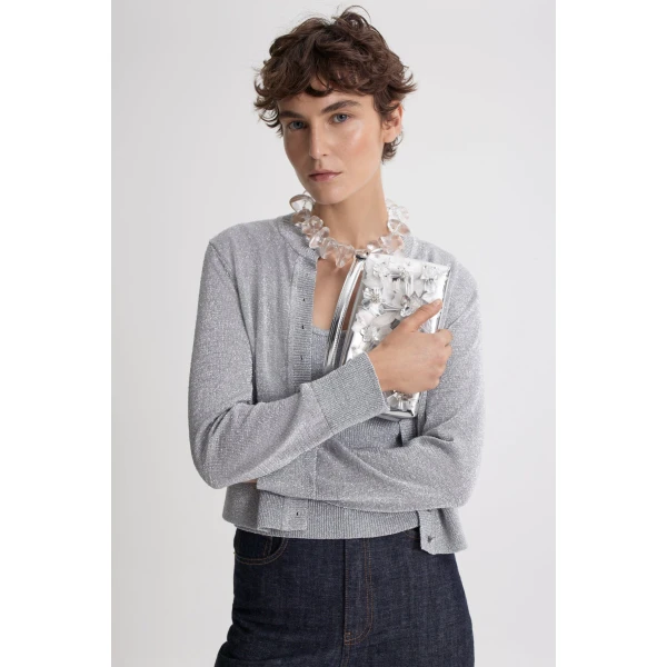 Scanlan Theodore Metallic Knit Cardigan in Silver | Cardigan | Luxury Shoes 