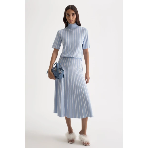 Scanlan Theodore Pleat Rib Stripe Skirt in Blue White